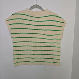 By Together Striped Knit Sweater Vest M Cream & Green Cotton Mock Neck Preppy